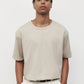 Model wearing bone elias top, close up