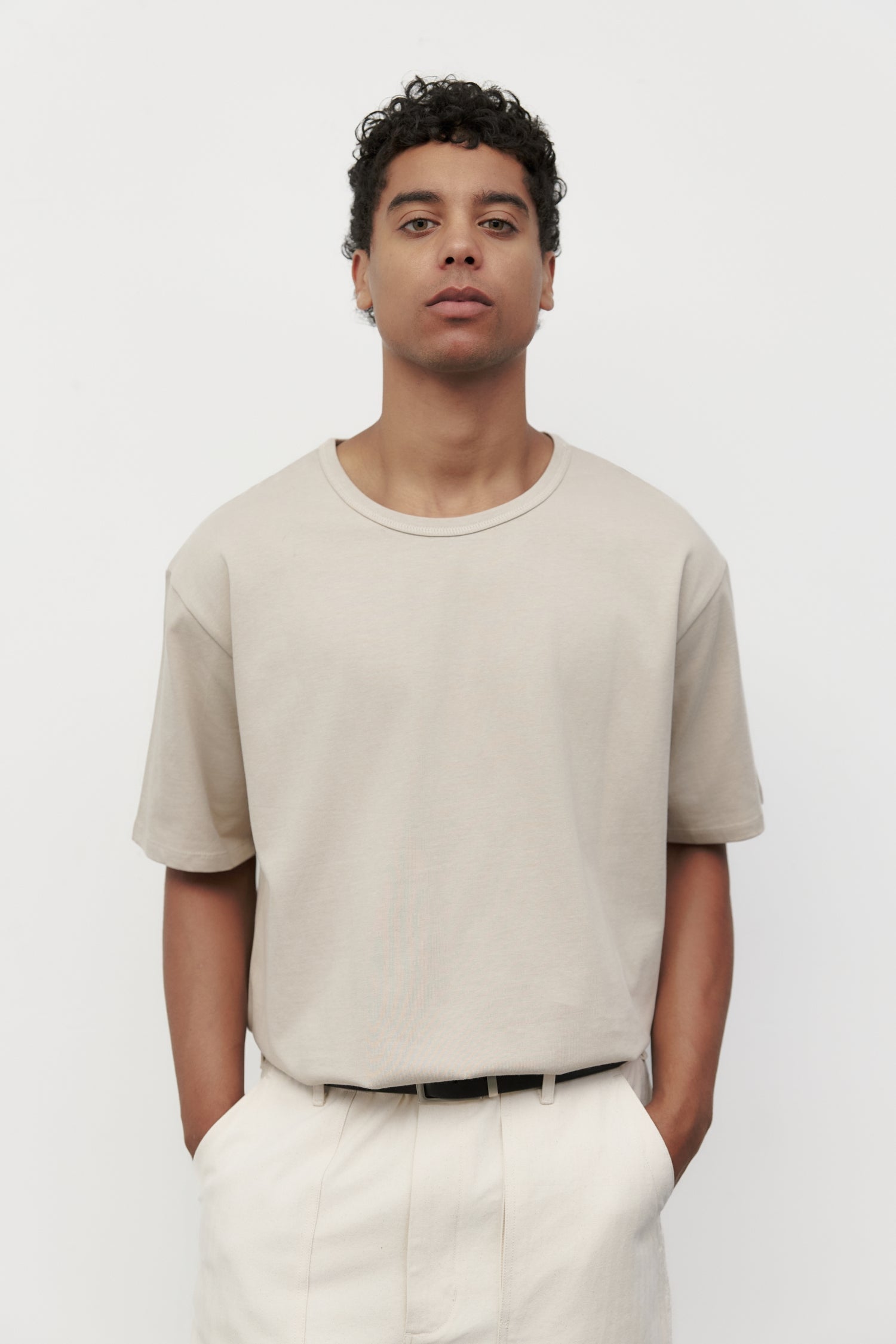 Model wearing bone elias top, close up