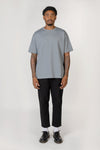 Model wearing Slate blue elias top, front view