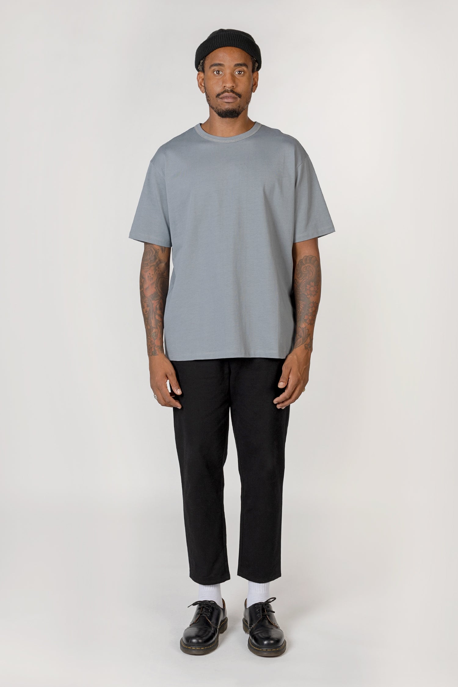 Model wearing Slate blue elias top, front view